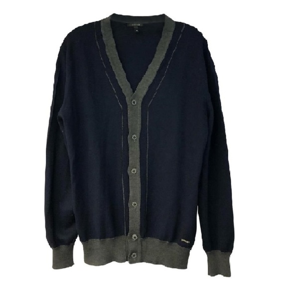 Navy In Eu Gray Trim Wool Blend Knit Men's Sweater - Picture 1 of 5